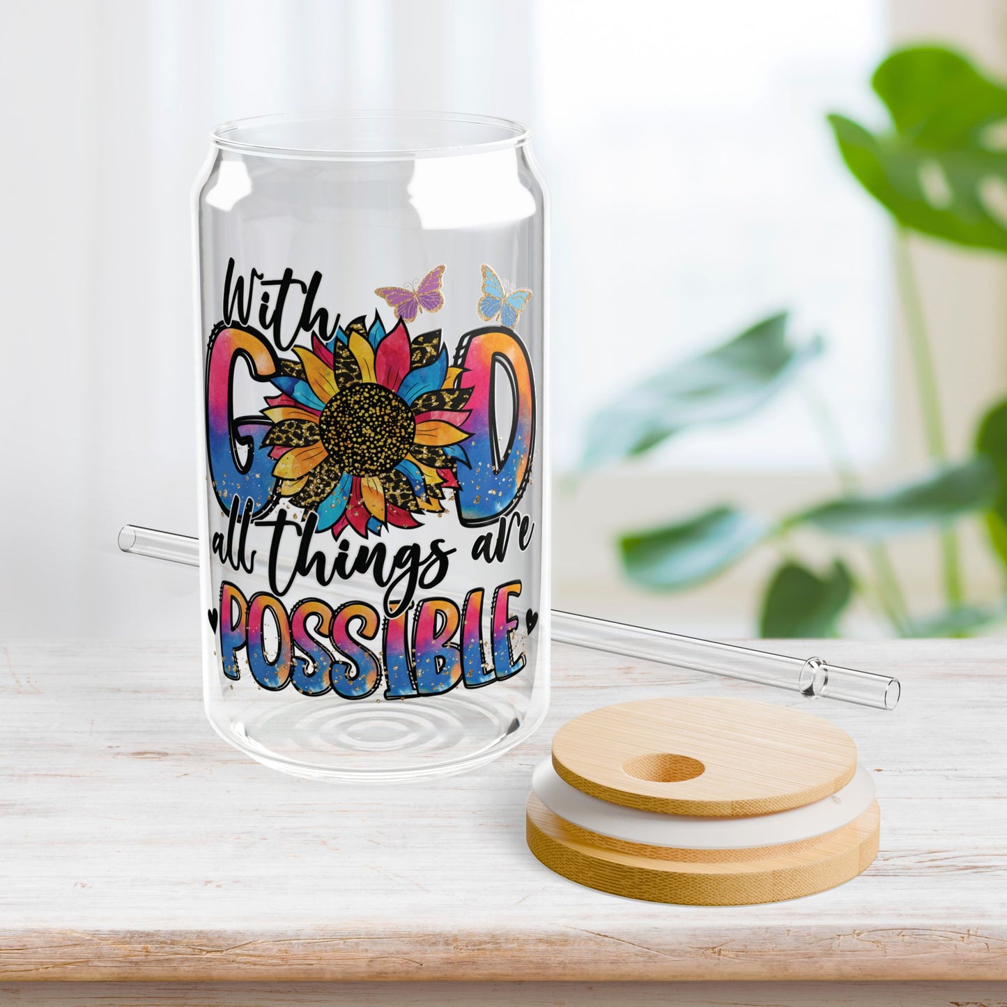 With God All Things Are Possible Sipper Glass with Bamboo Lid & Straw - 16 oz