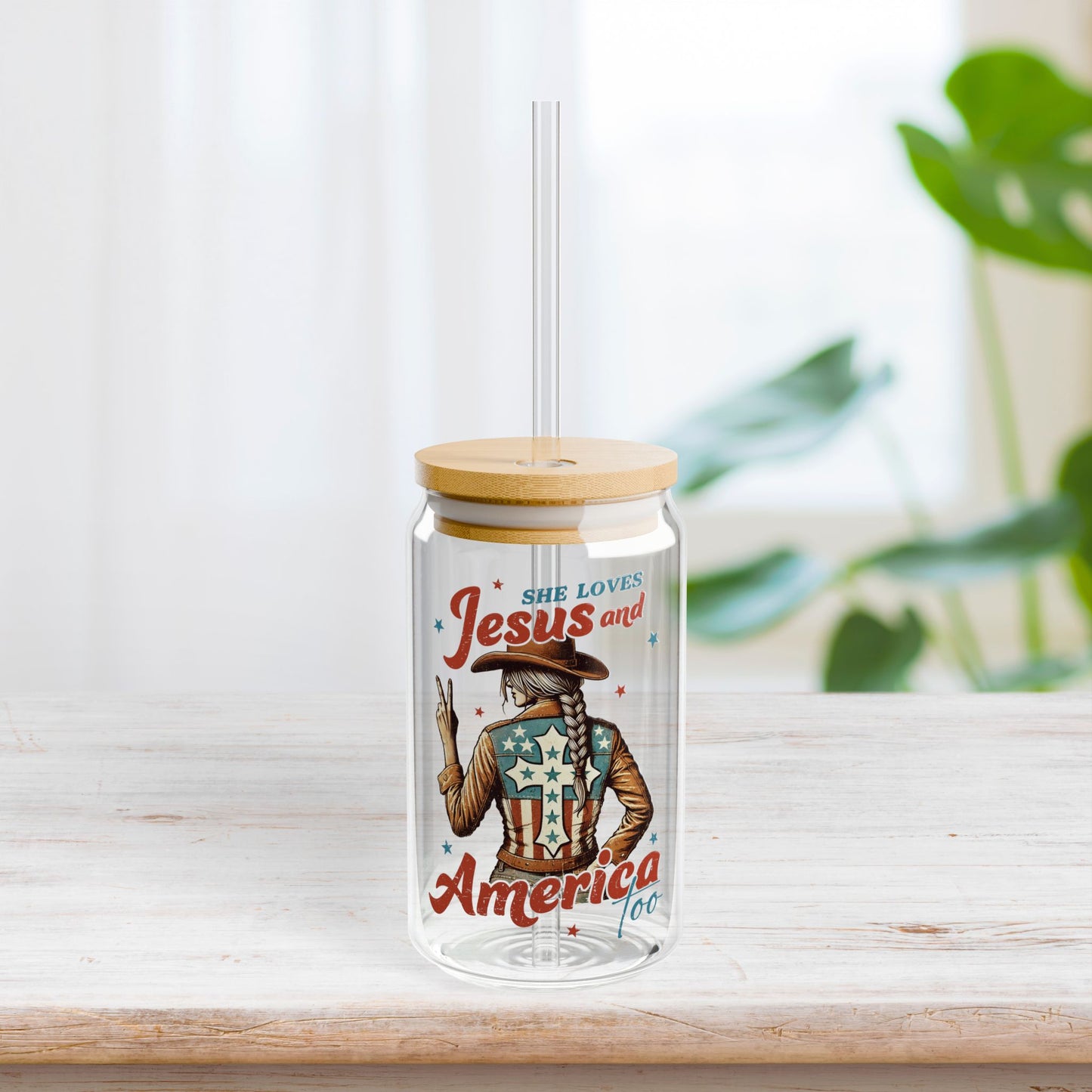 She Loves Jesus and America Too Sipper Glass with Bamboo Lid & Straw - 16 oz
