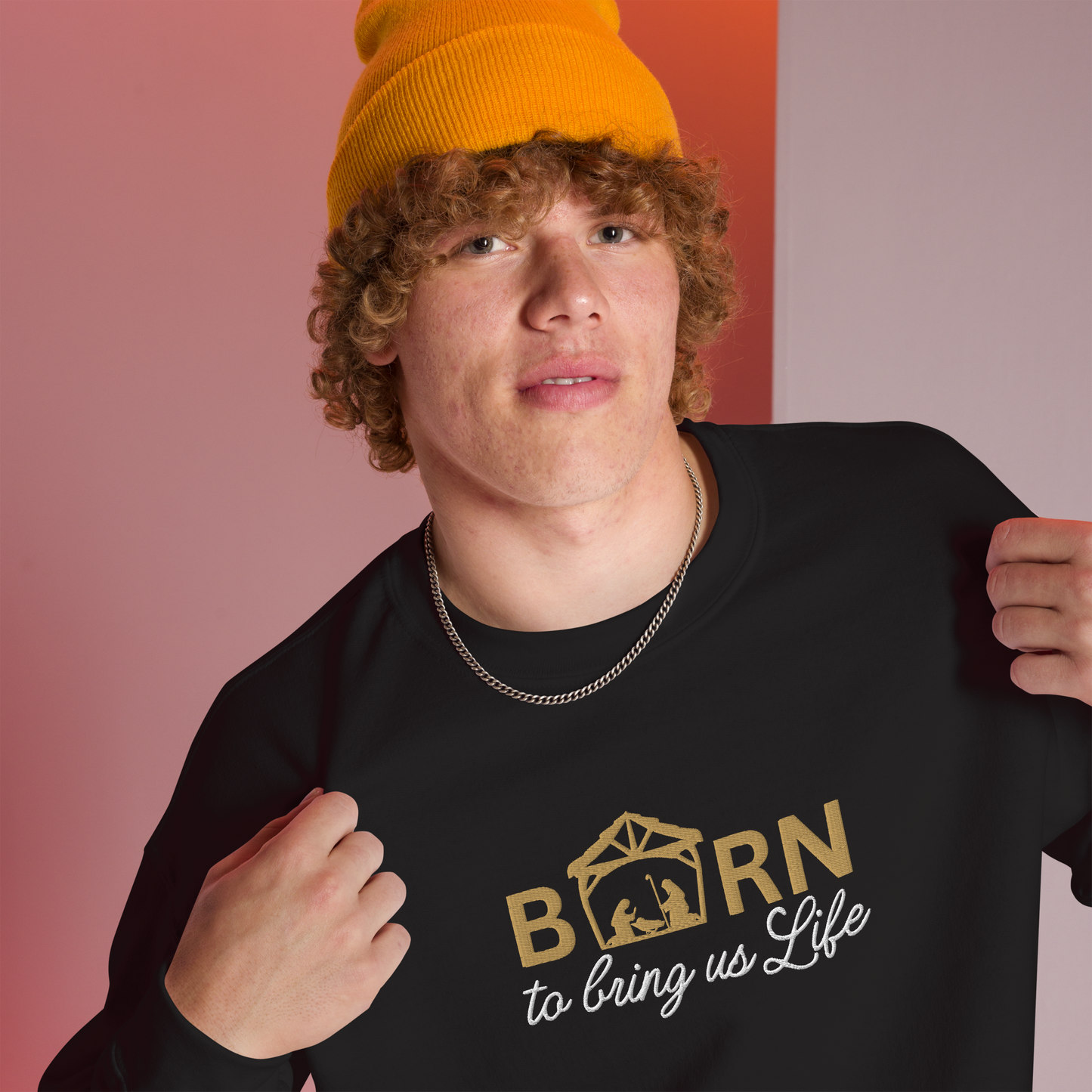 Embroidered Born To Bring Us Life Christmas Sweatshirt