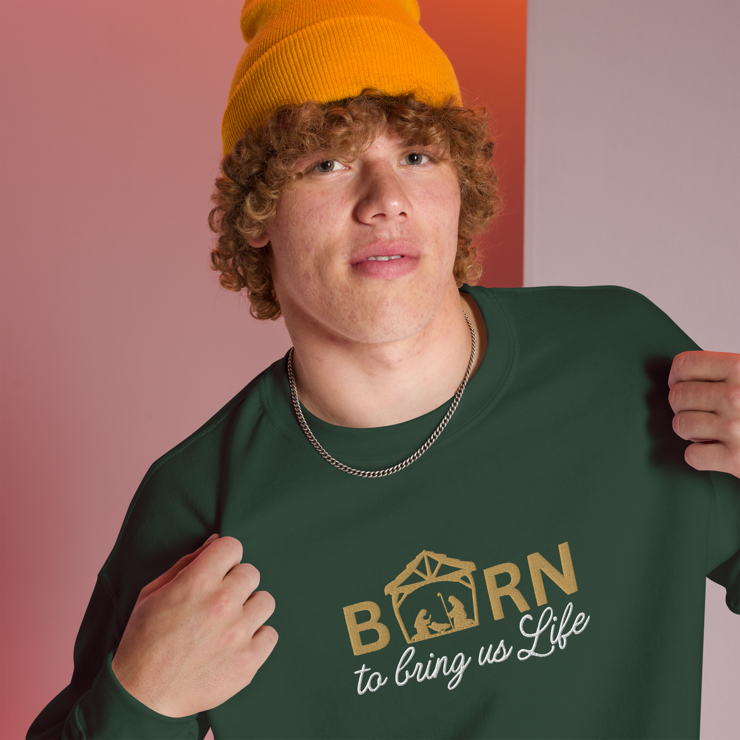Embroidered Born To Bring Us Life Christmas Sweatshirt