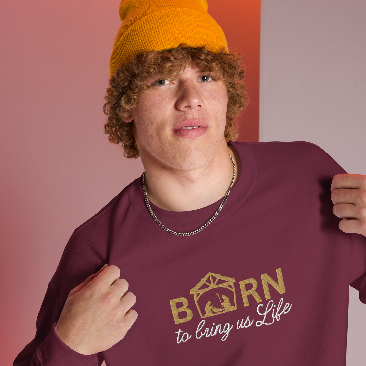 Embroidered Born To Bring Us Life Christmas Sweatshirt