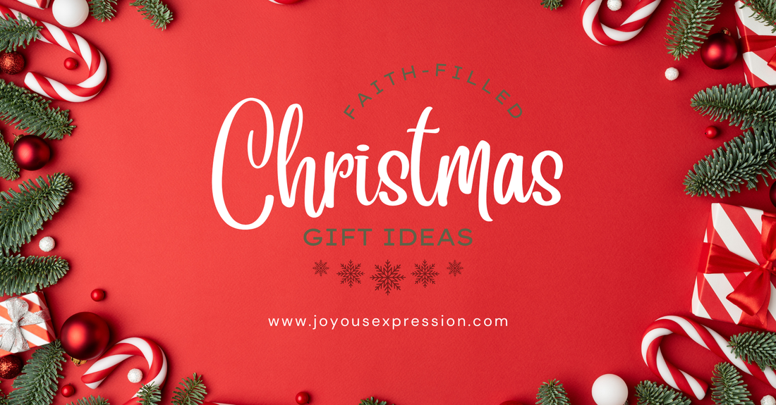 Faith-filled Christmas gift ideas featuring Christian shirts and tote bags from Joyous Expression