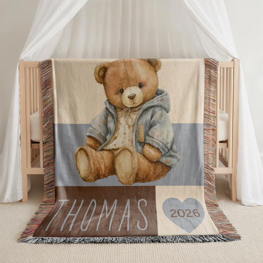 Personalized “Child of God” Christian Baby Woven Blanket - Custom Name Baby Bear Blanket