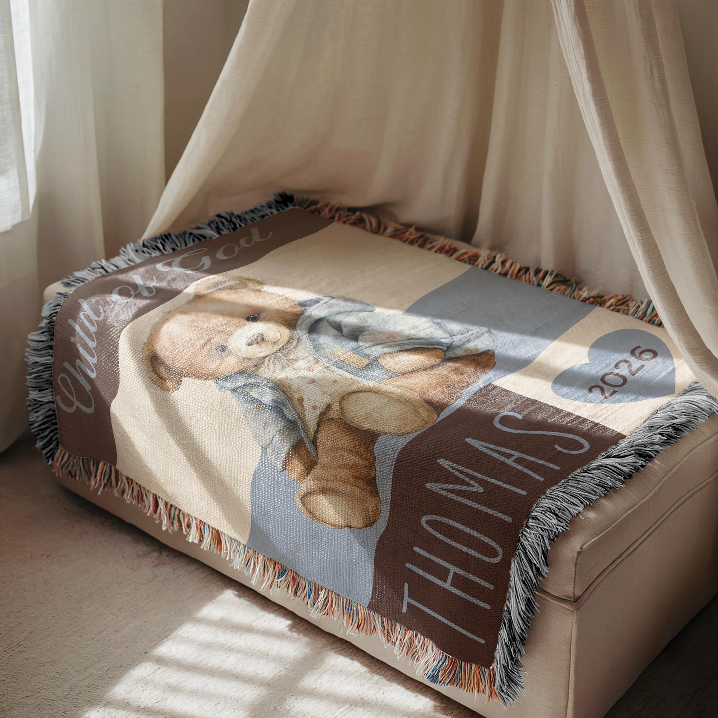 Personalized “Child of God” Christian Baby Woven Blanket - Custom Name Baby Bear Blanket