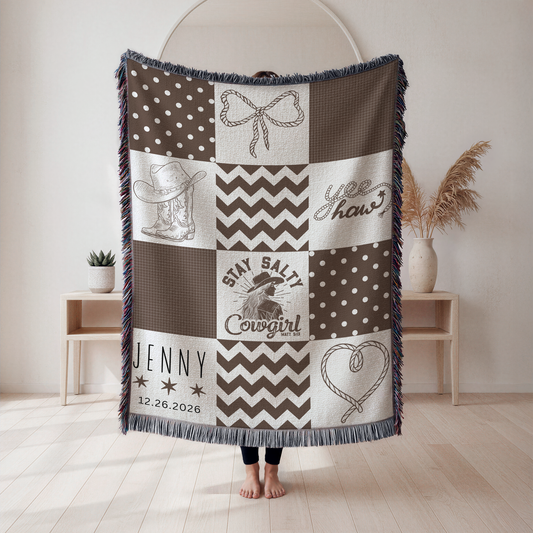 Personalized “Stay Salty Cowgirl” Christian Western Woven Blanket