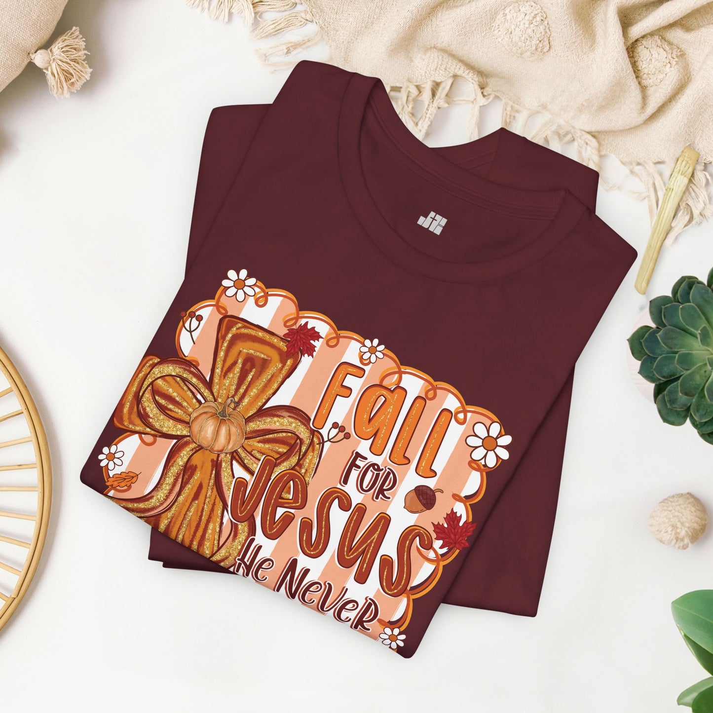 Fall for Jesus He Never Leaves Soft Cotton Tee - Fall Christian Tee