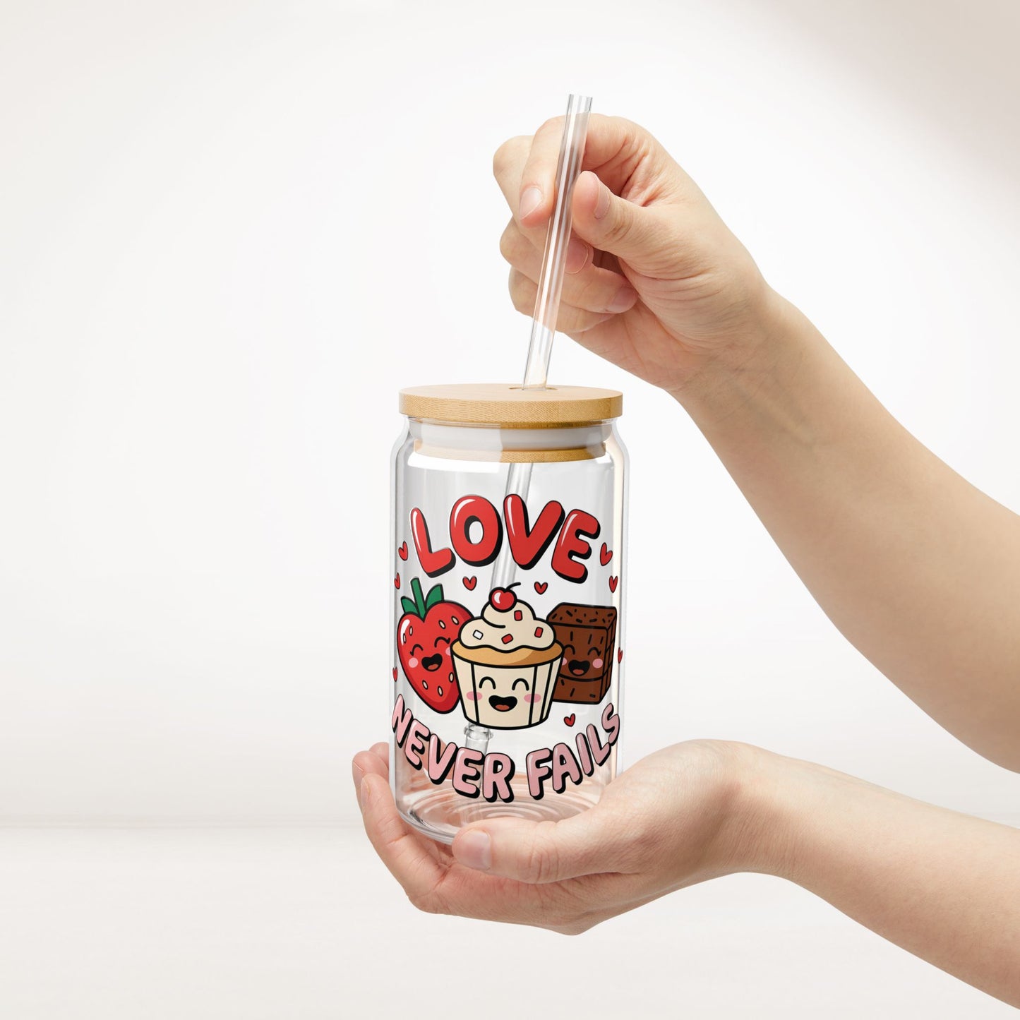 Love Never Fails Sipper Glass with Bamboo Lid & Straw - 16 oz