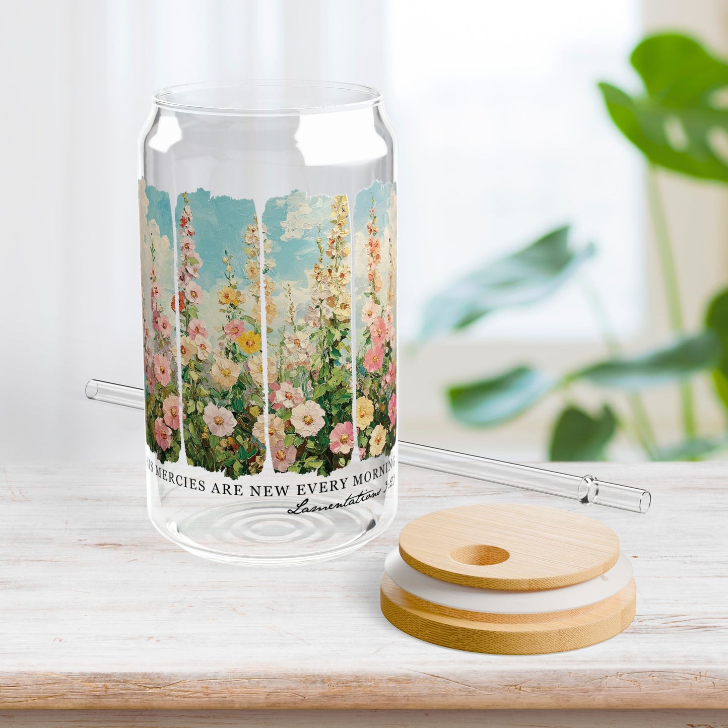 His Mercies Are New Every Morning Sipper Glass with Bamboo Lid & Straw - 16 oz