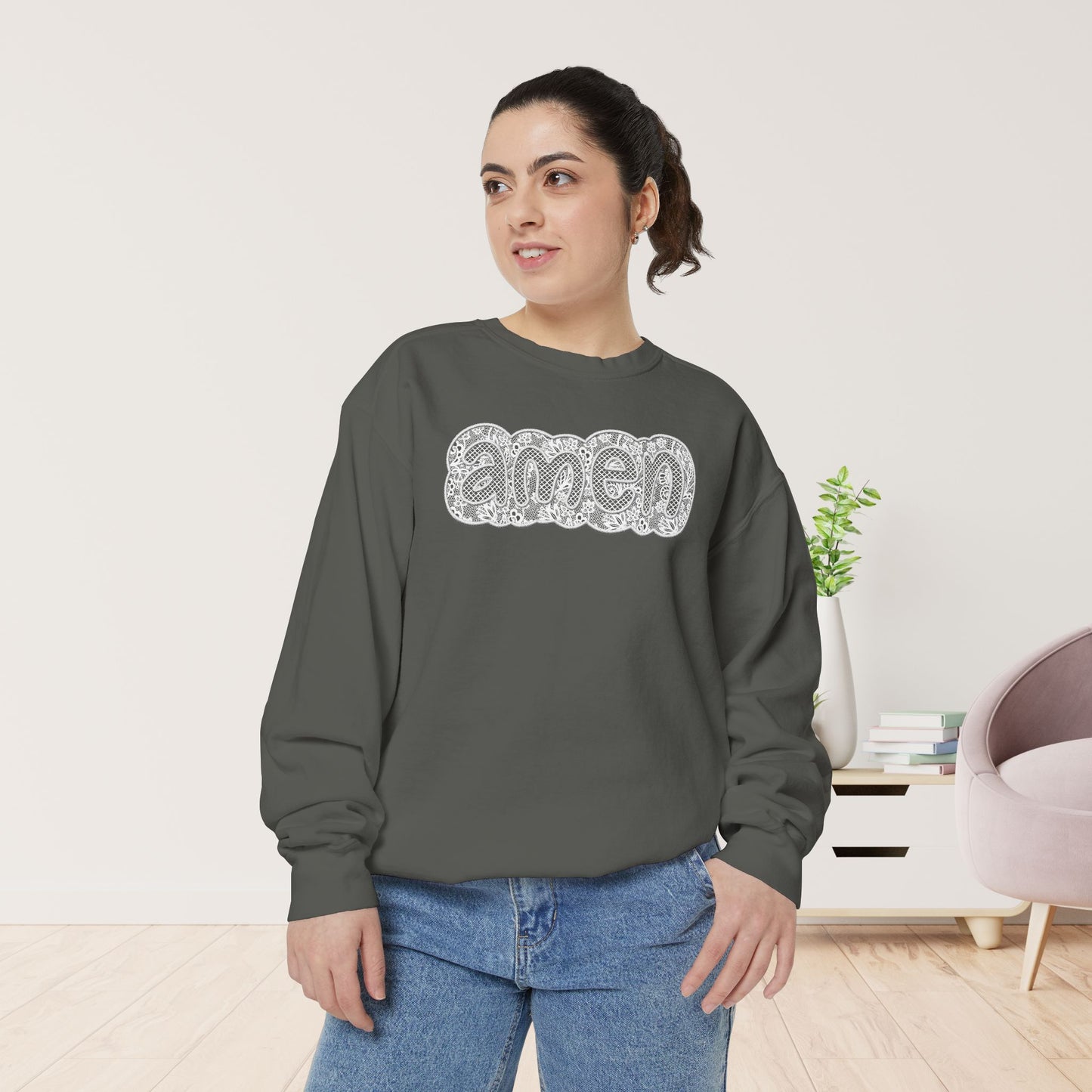Amen Comfort Colors Sweatshirt - Printed Lace Design