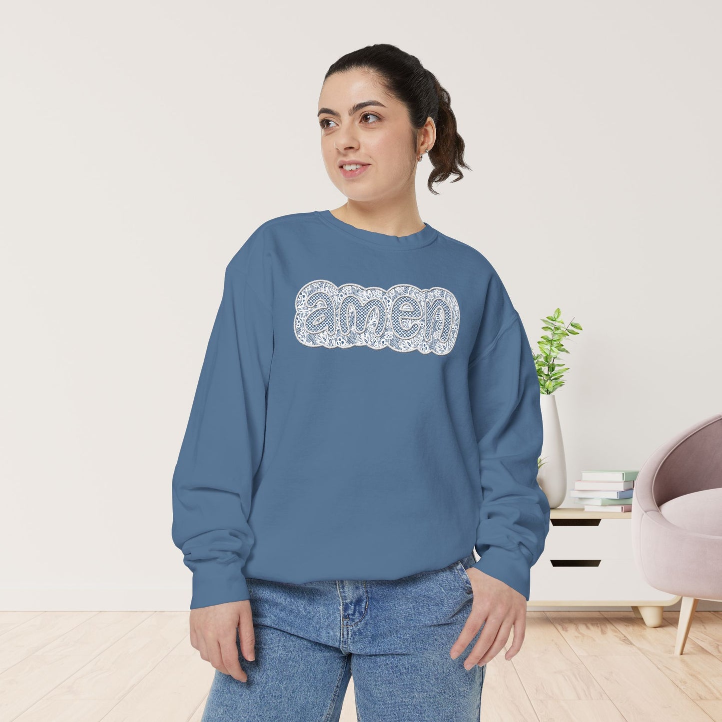 Amen Comfort Colors Sweatshirt - Printed Lace Design