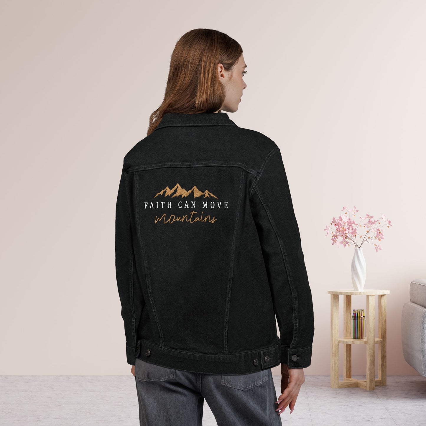 Embroidered Faith Can Move Mountains Unisex Denim Jacket