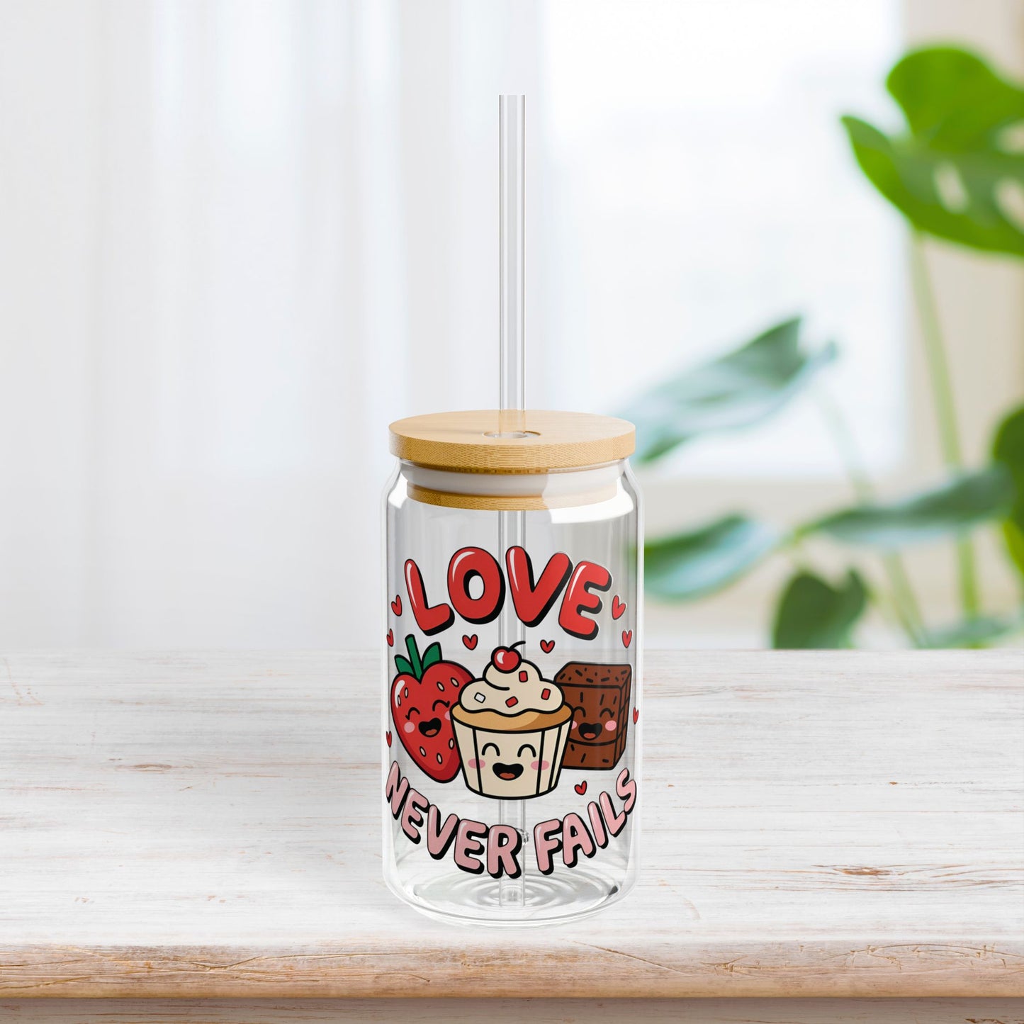 Love Never Fails Sipper Glass with Bamboo Lid & Straw - 16 oz