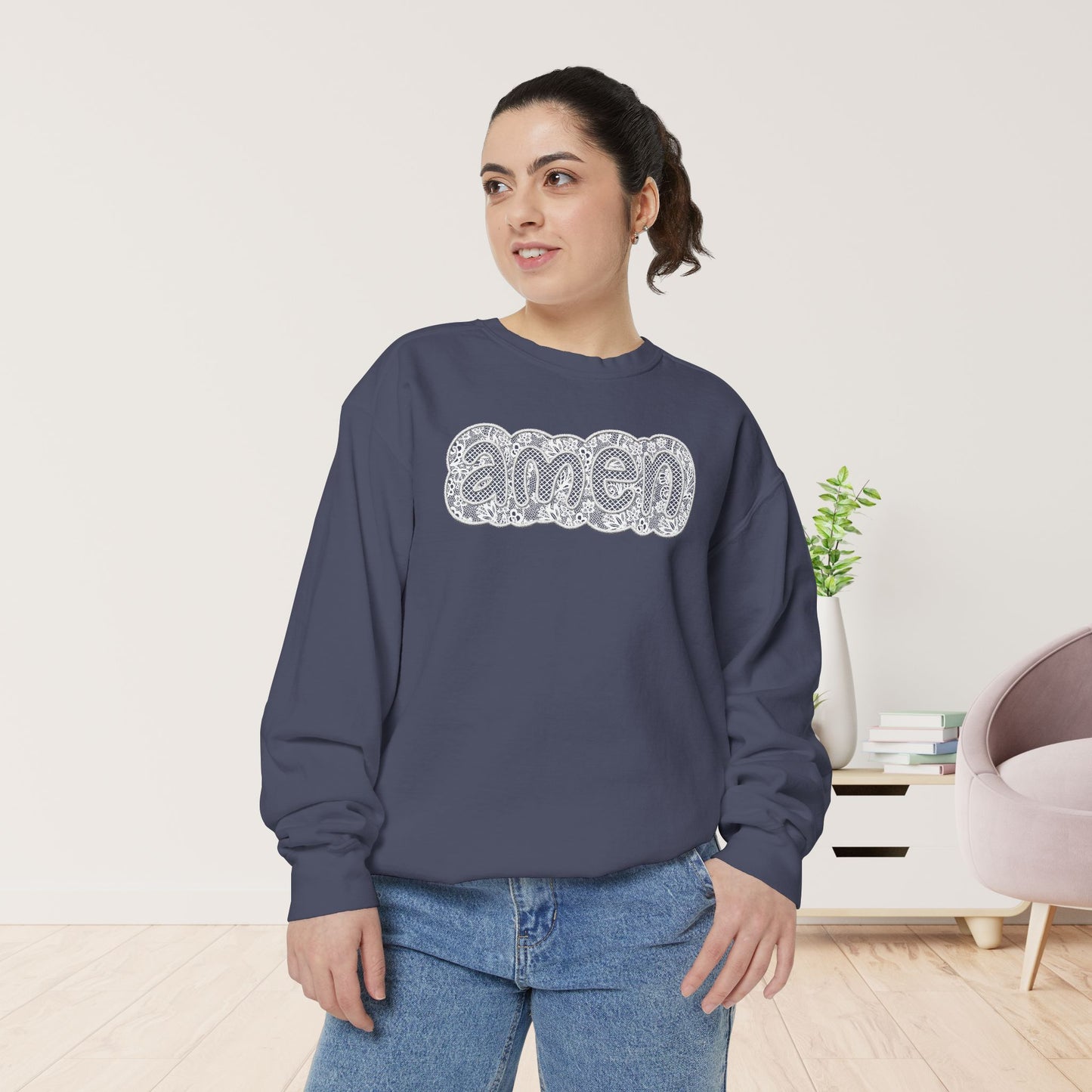 Amen Comfort Colors Sweatshirt - Printed Lace Design