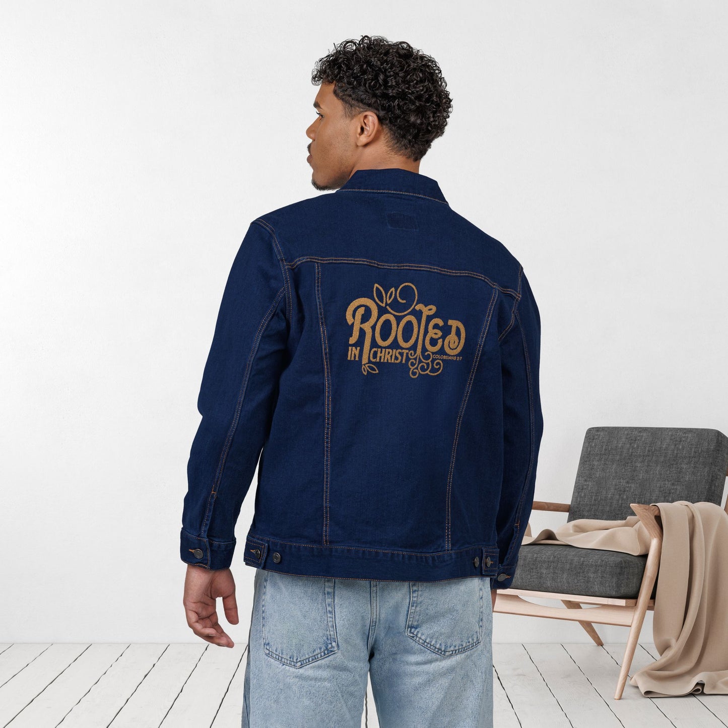 Embroidered Rooted in Christ Unisex Denim Jacket