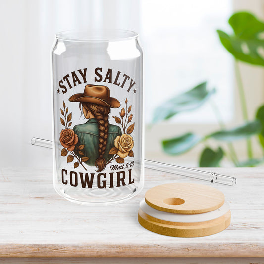 Stay Salty Cowgirl Sipper Glass with Bamboo Lid & Straw - 16 oz