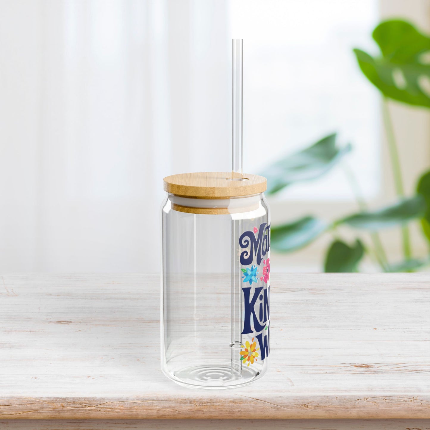 Motherhood is Kingdom Work Sipper Glass with Bamboo Lid & Straw - 16 oz