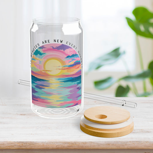 His Mercies Are New Every Morning Sipper Glass with Bamboo Lid & Straw - 16 oz