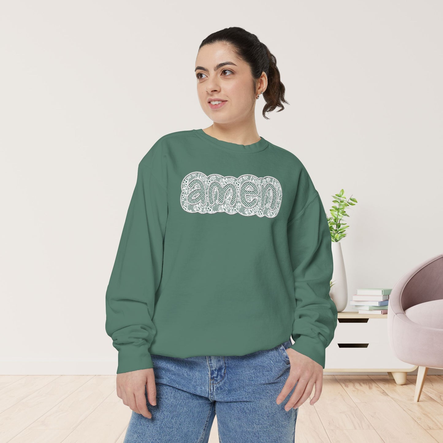 Amen Comfort Colors Sweatshirt - Printed Lace Design