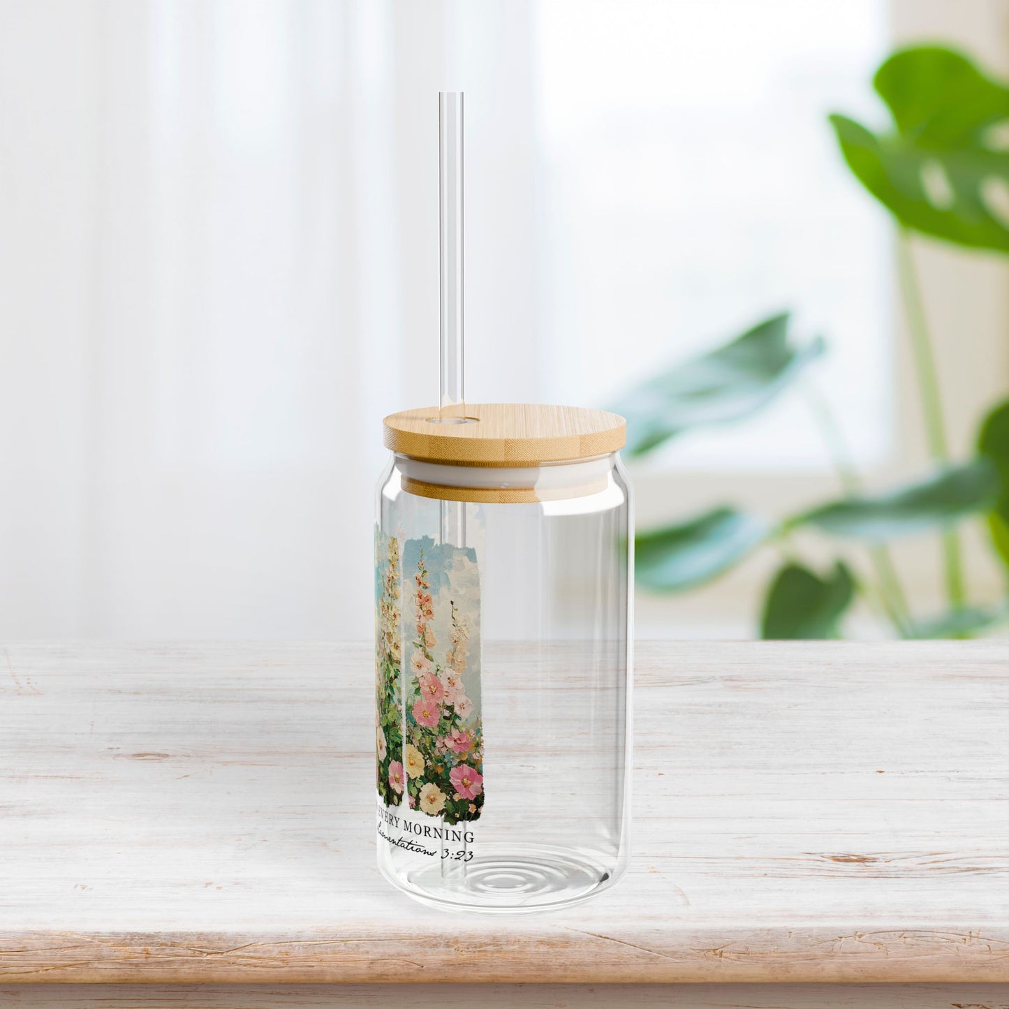 His Mercies Are New Every Morning Sipper Glass with Bamboo Lid & Straw - 16 oz