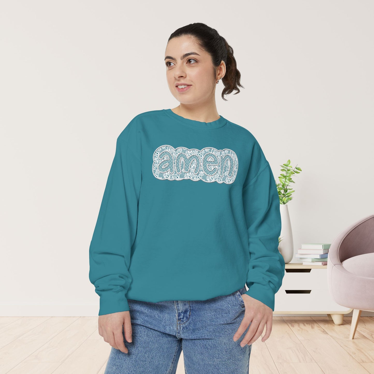 Amen Comfort Colors Sweatshirt - Printed Lace Design