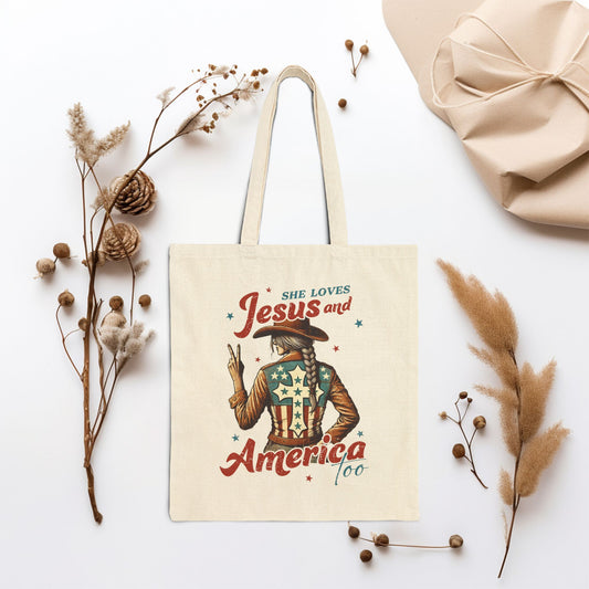 She Loves Jesus And America Too Canvas Tote Bag