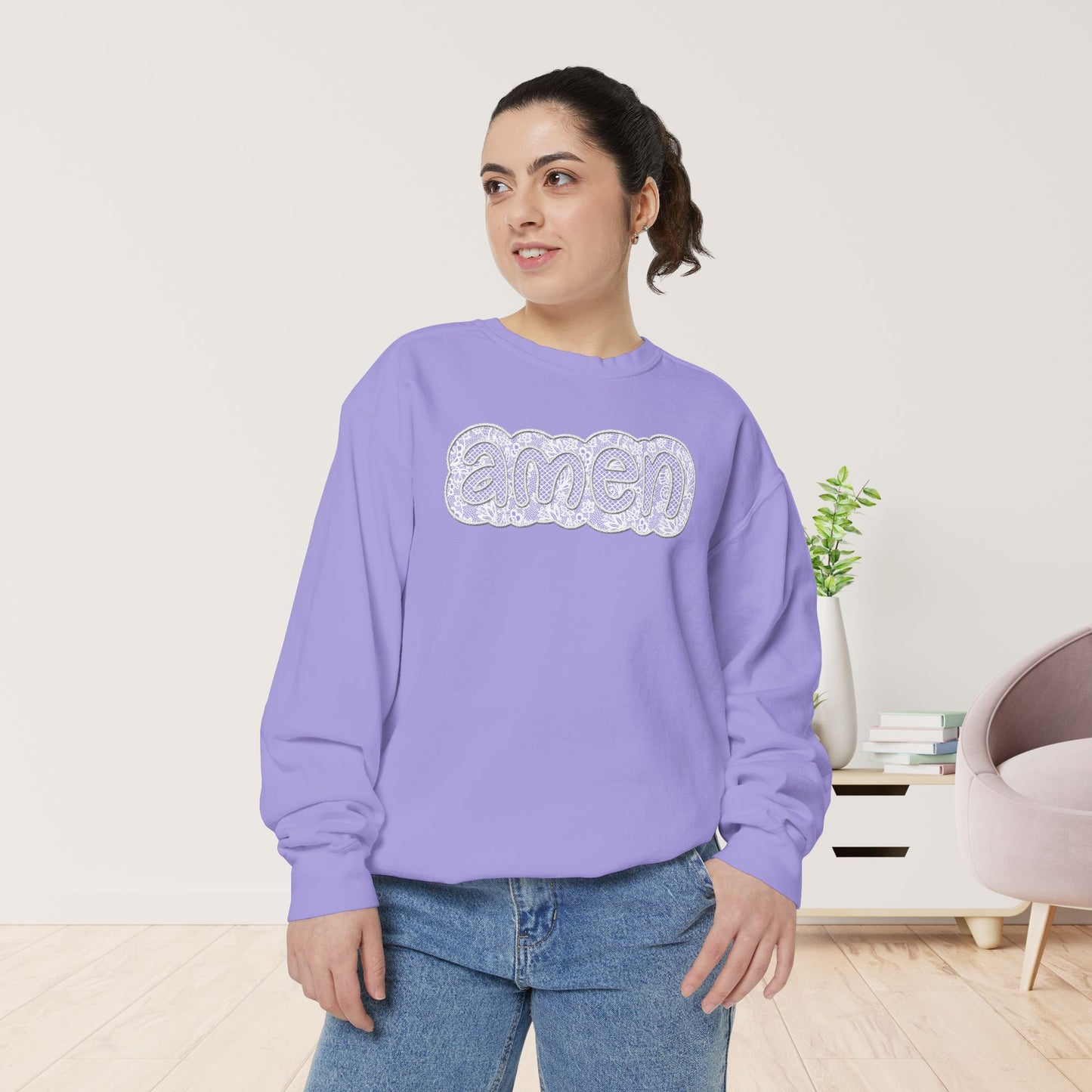 Amen Comfort Colors Sweatshirt - Printed Lace Design