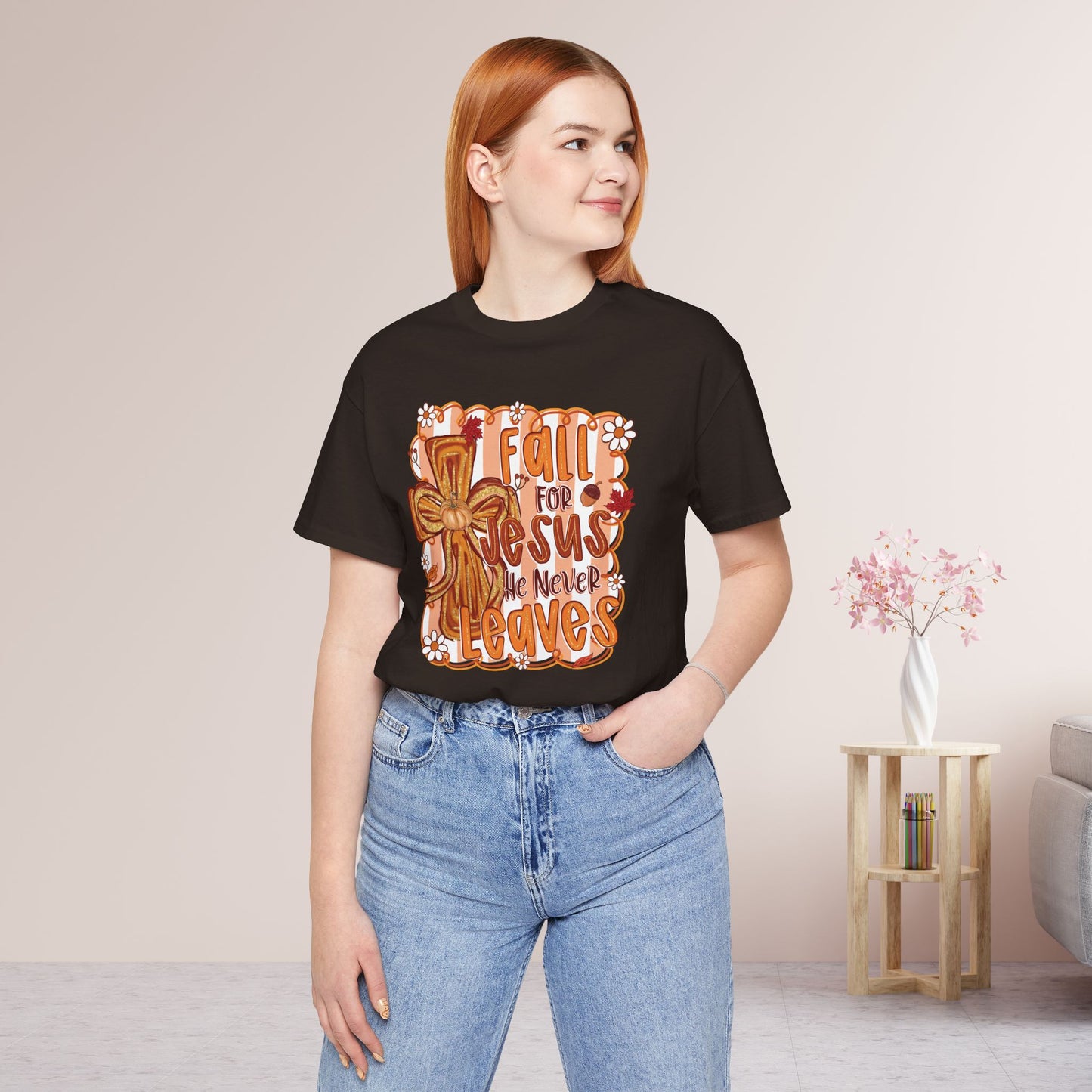 Fall for Jesus He Never Leaves Soft Cotton Tee - Fall Christian Tee