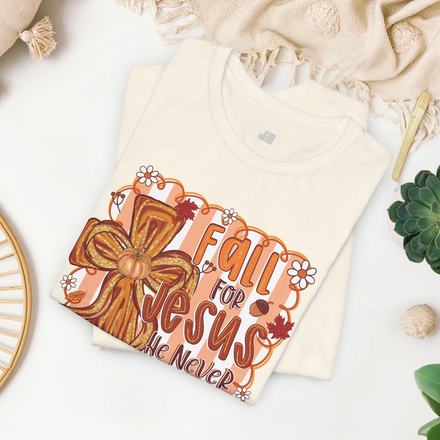 Fall for Jesus He Never Leaves Soft Cotton Tee - Fall Christian Tee