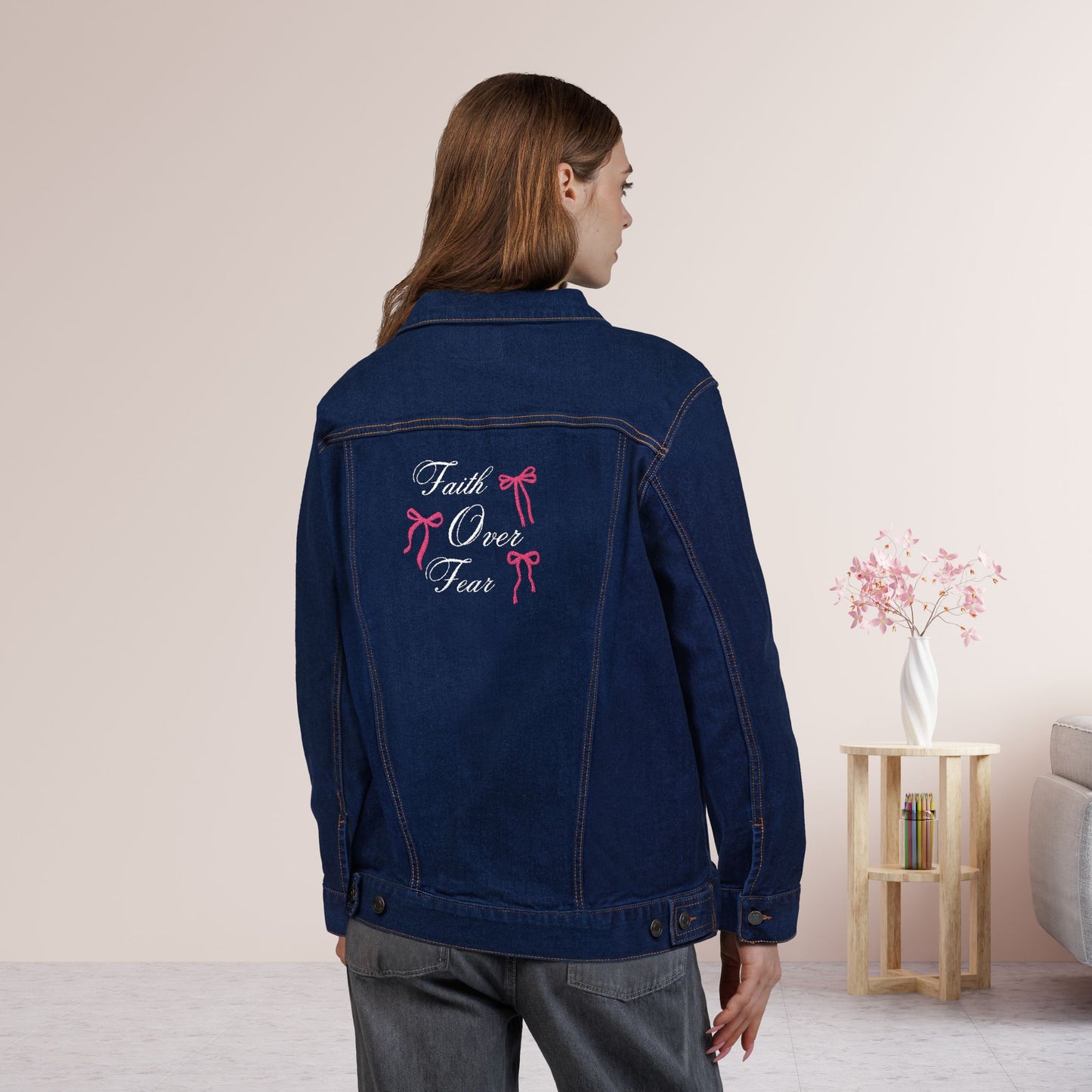 Embroidered Faith Over Fear Unisex Denim Jacket
