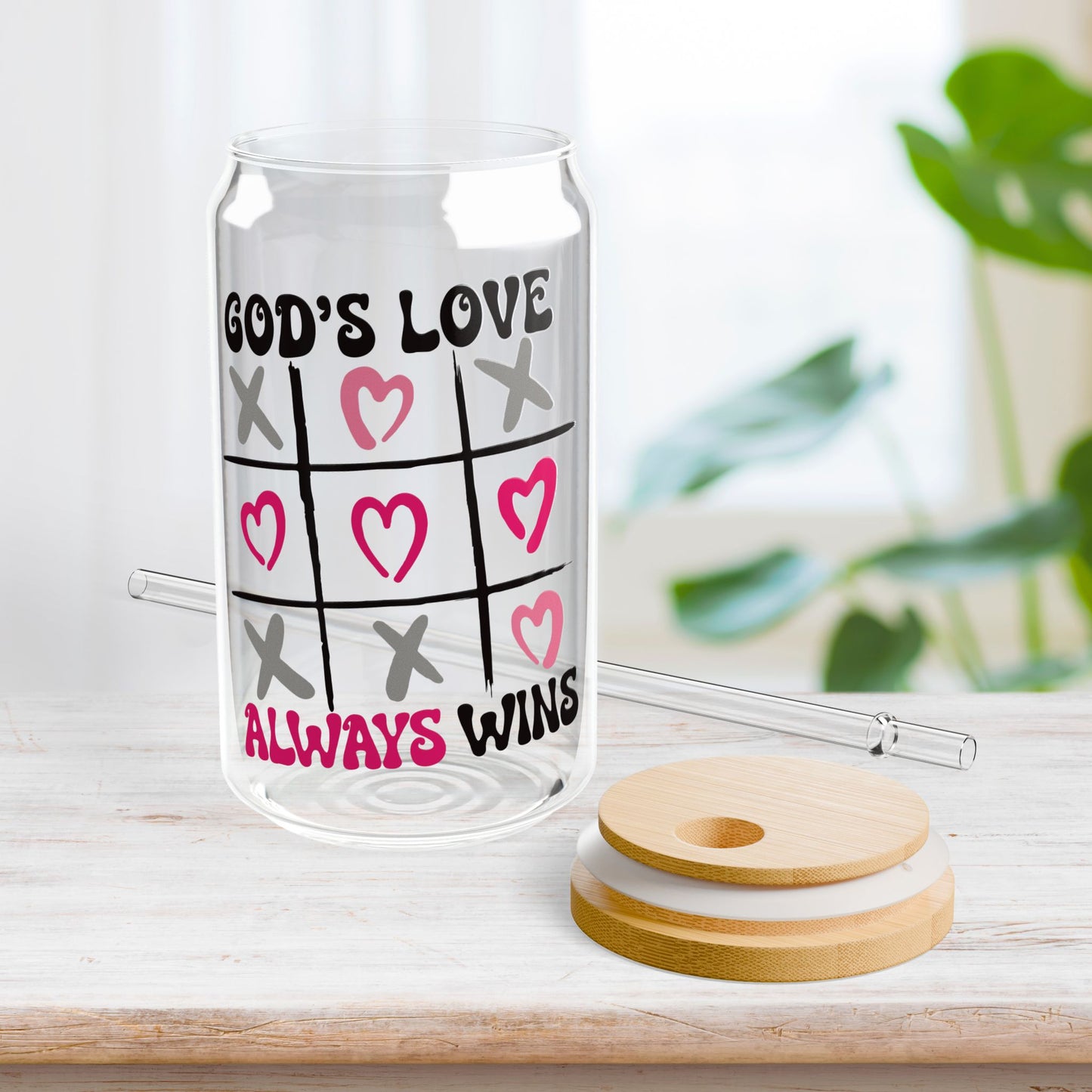 God's Love Always Wins Sipper Glass with Bamboo Lid & Straw - 16 oz