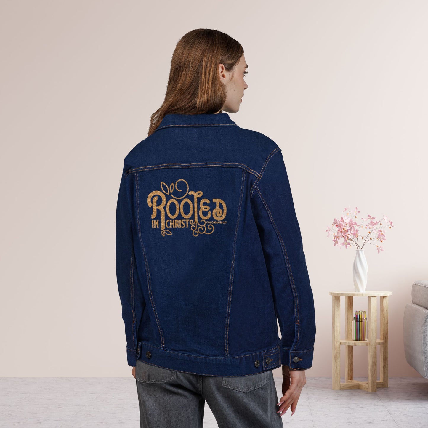 Embroidered Rooted in Christ Unisex Denim Jacket