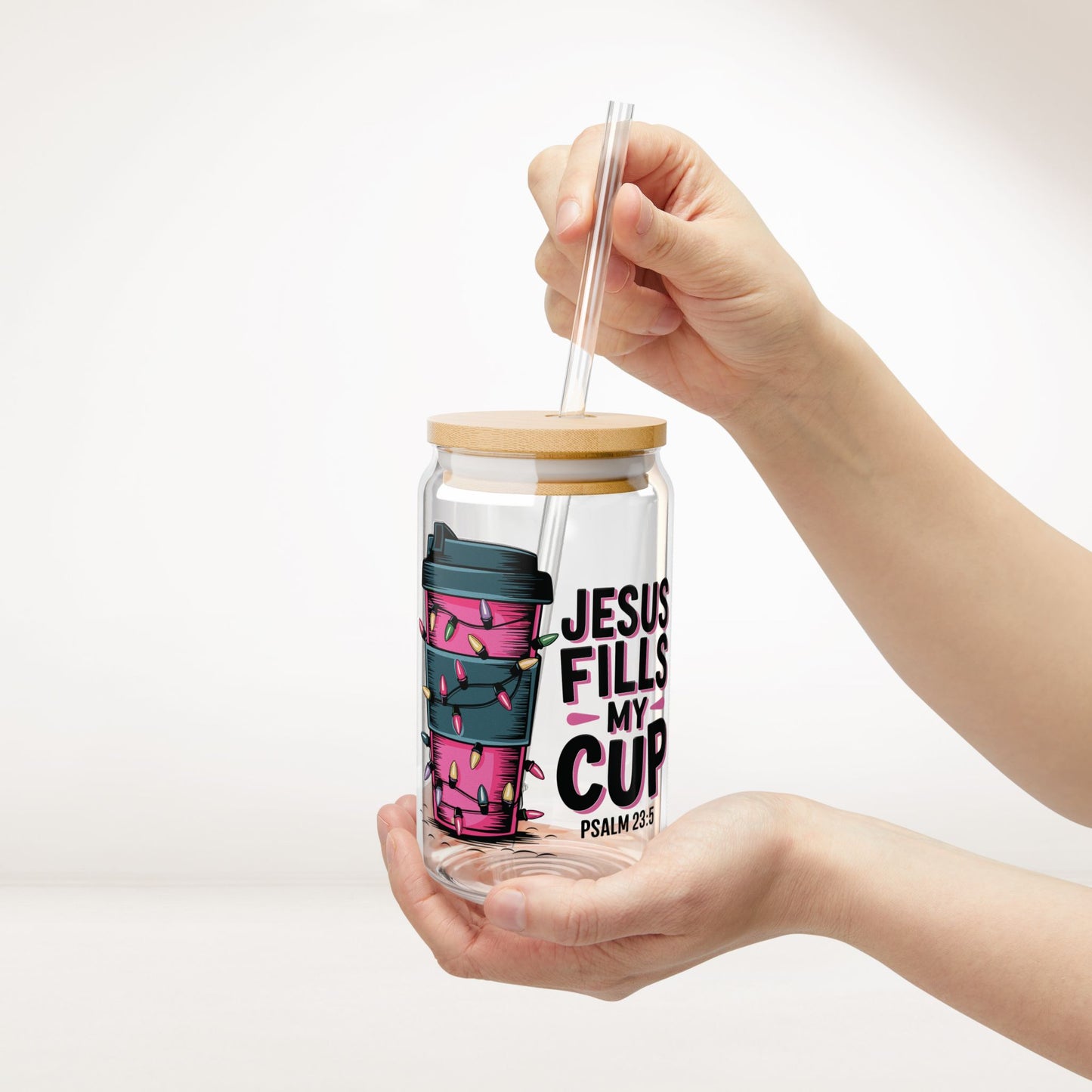 Jesus Fills My Cup Sipper Glass with Bamboo Lid & Straw - 16 oz