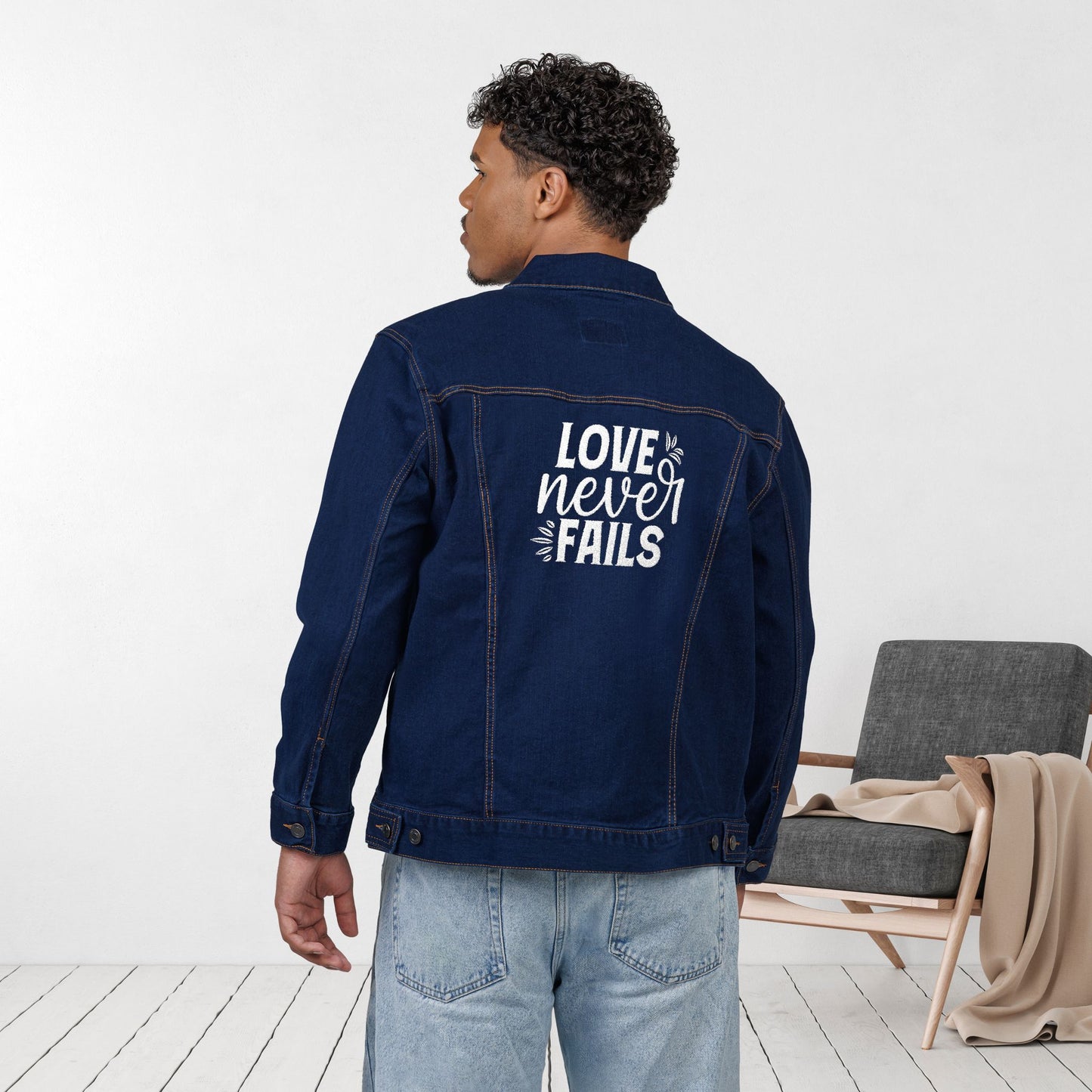 Embroidered Love Never Fails Unisex Denim Jacket