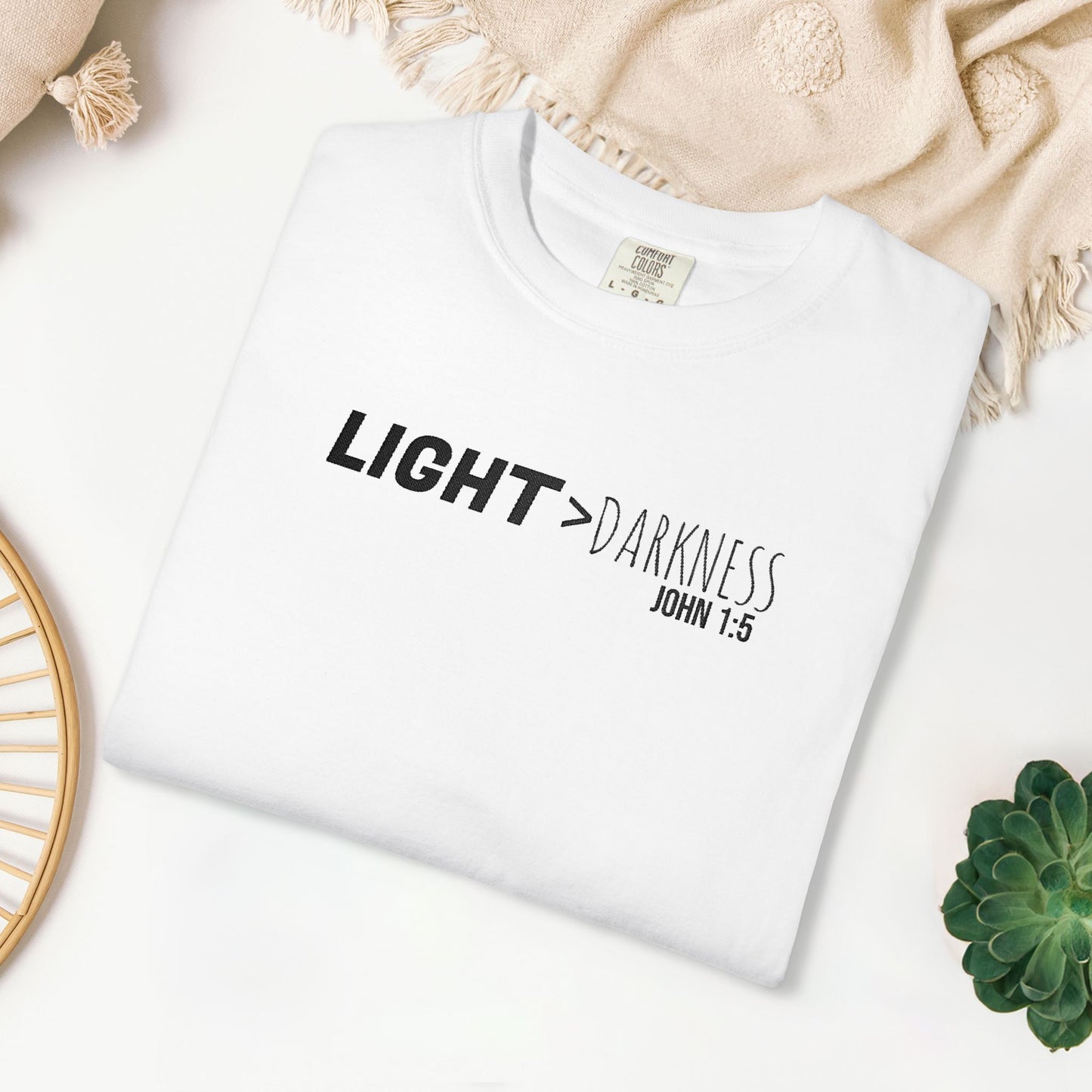 Embroidered Light > Darkness - John 1:5 Comfort Colors Shirt