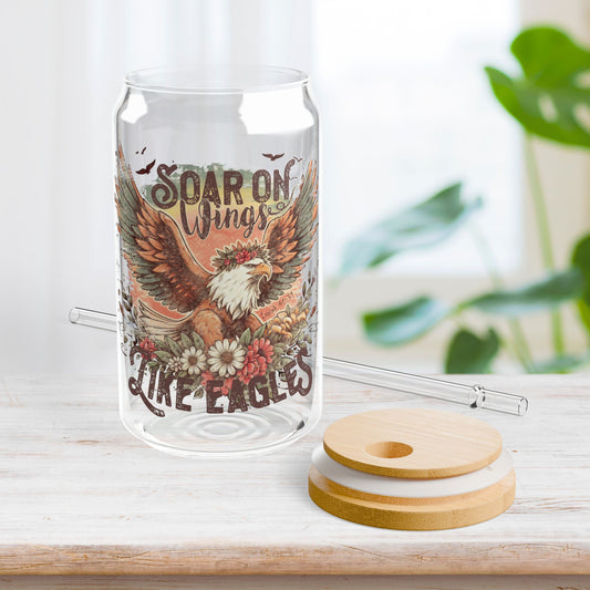 Soar on Wings Like Eagles Sipper Glass with Bamboo Lid & Straw - 16 oz