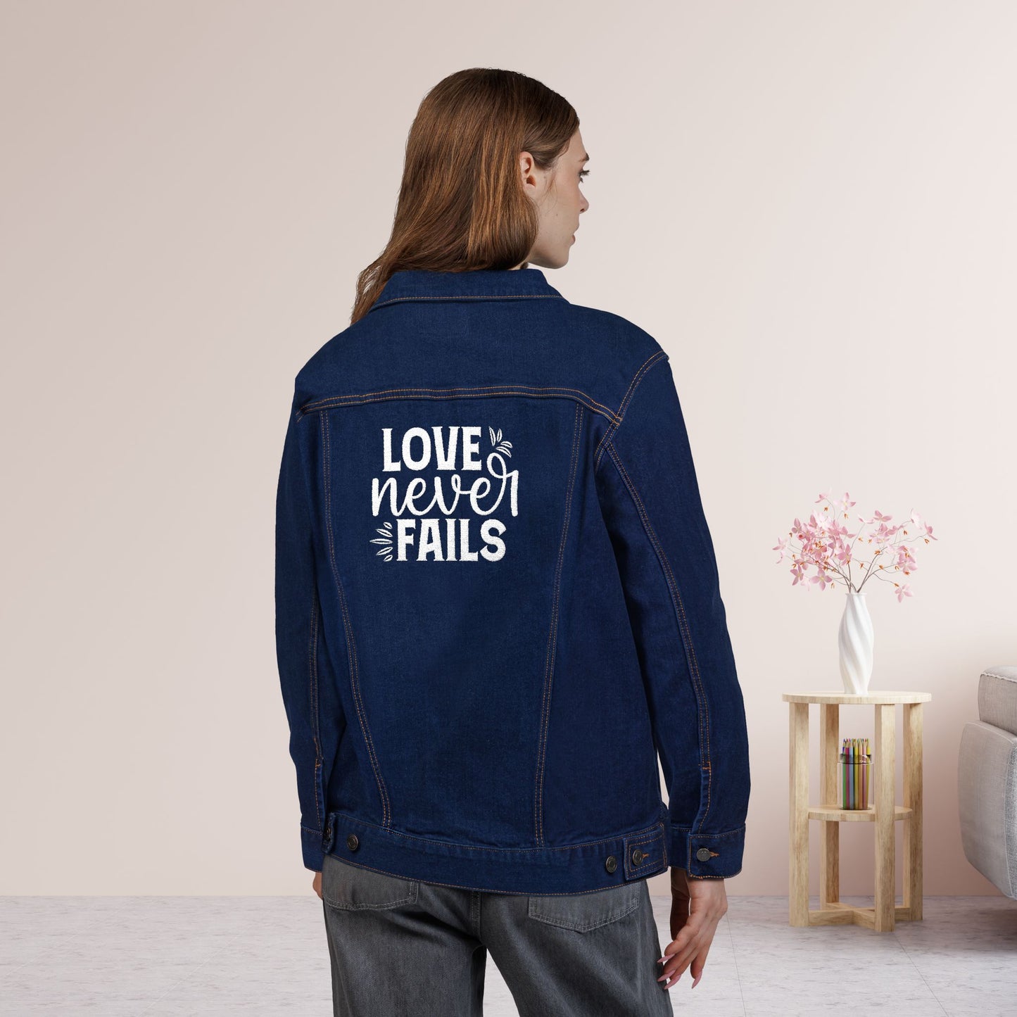 Embroidered Love Never Fails Unisex Denim Jacket