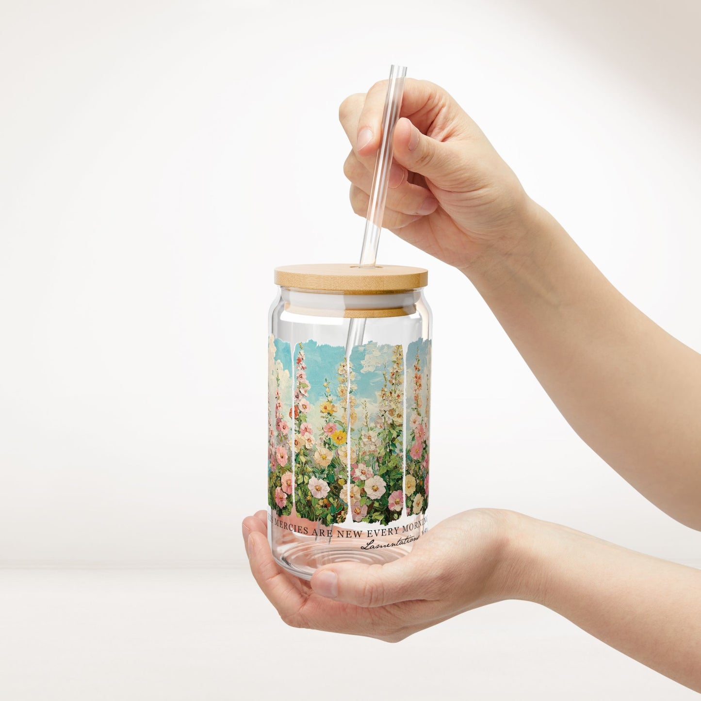 His Mercies Are New Every Morning Sipper Glass with Bamboo Lid & Straw - 16 oz
