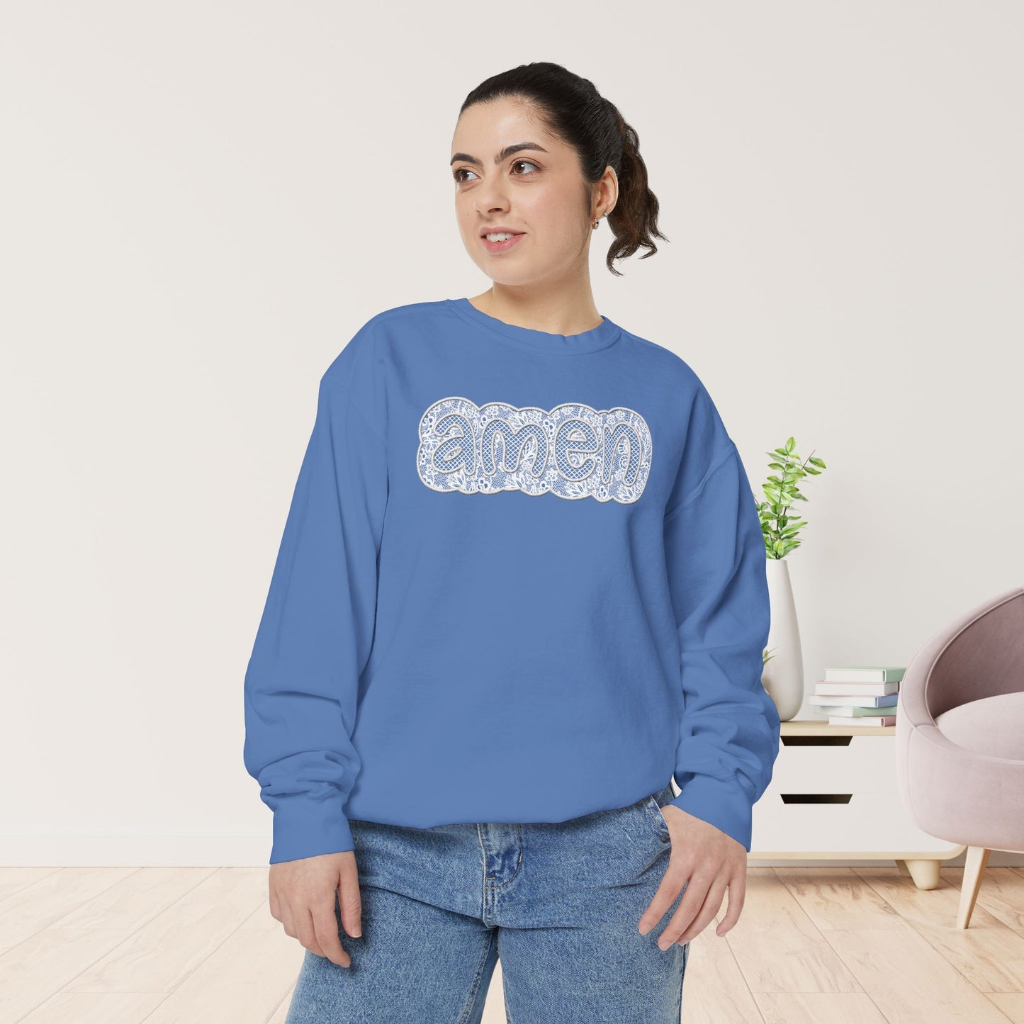 Amen Comfort Colors Sweatshirt - Printed Lace Design