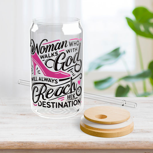 A Woman Who Walks with God Sipper Glass with Bamboo Lid & Straw - 16 oz