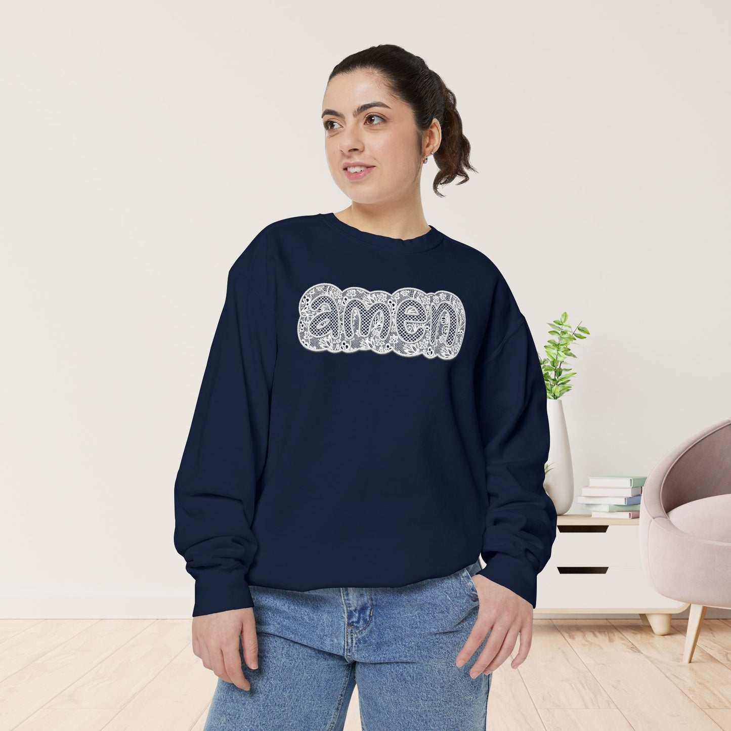 Amen Comfort Colors Sweatshirt - Printed Lace Design