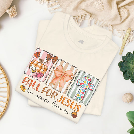 Fall For Jesus He Never Leaves  Soft Cotton Tee - Fall Christian Shirt