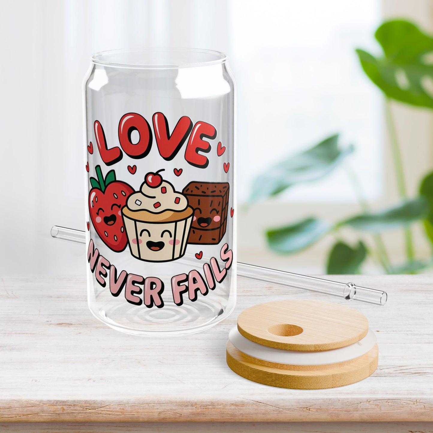 Love Never Fails Sipper Glass with Bamboo Lid & Straw - 16 oz
