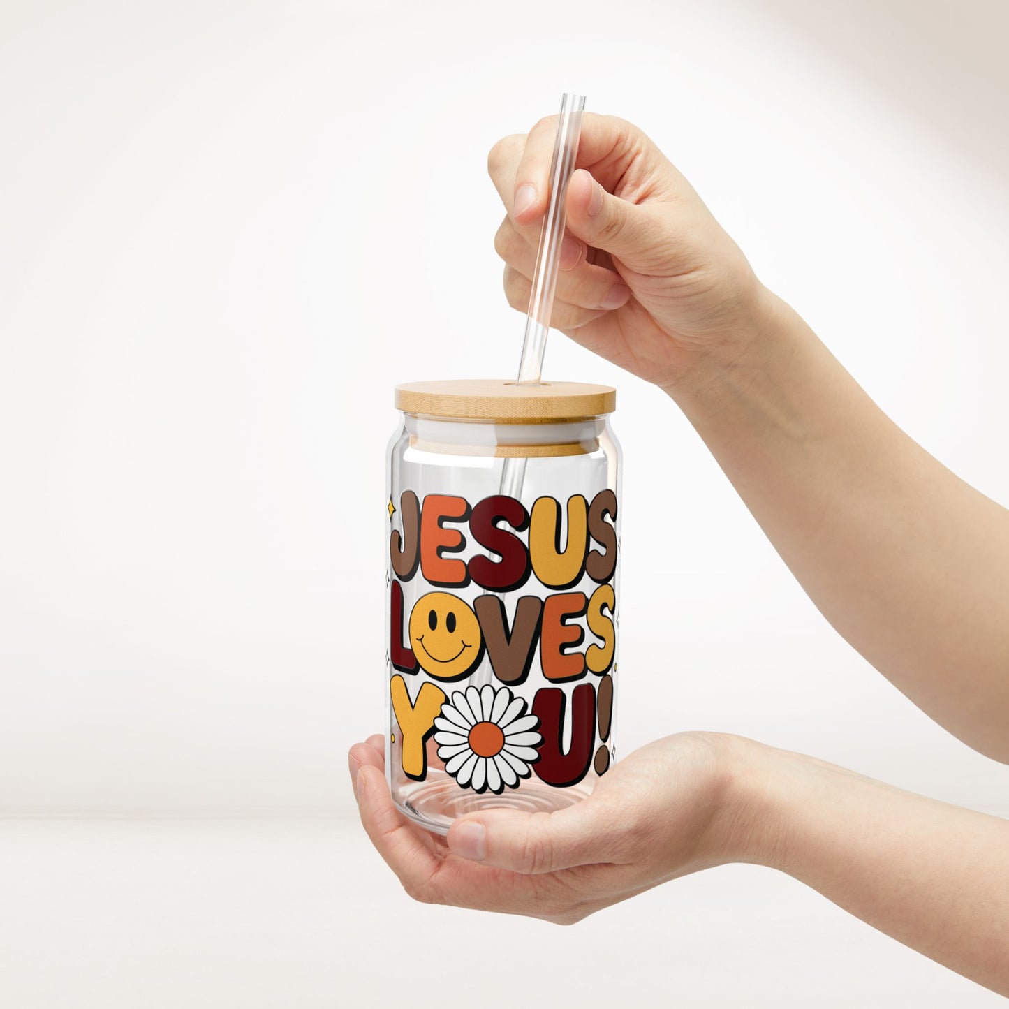 Jesus Loves You Sipper Glass with Bamboo Lid & Straw - 16 oz
