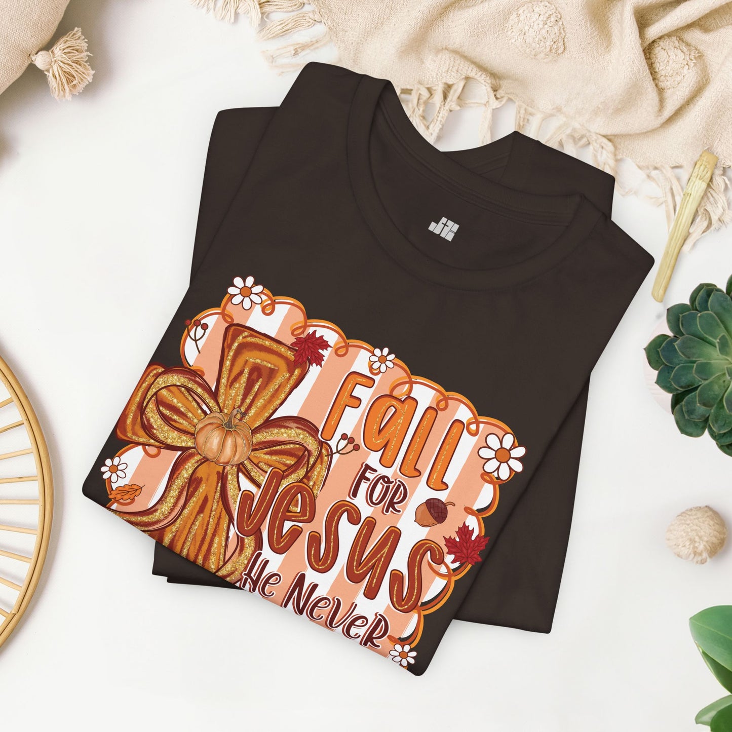 Fall for Jesus He Never Leaves Soft Cotton Tee - Fall Christian Tee