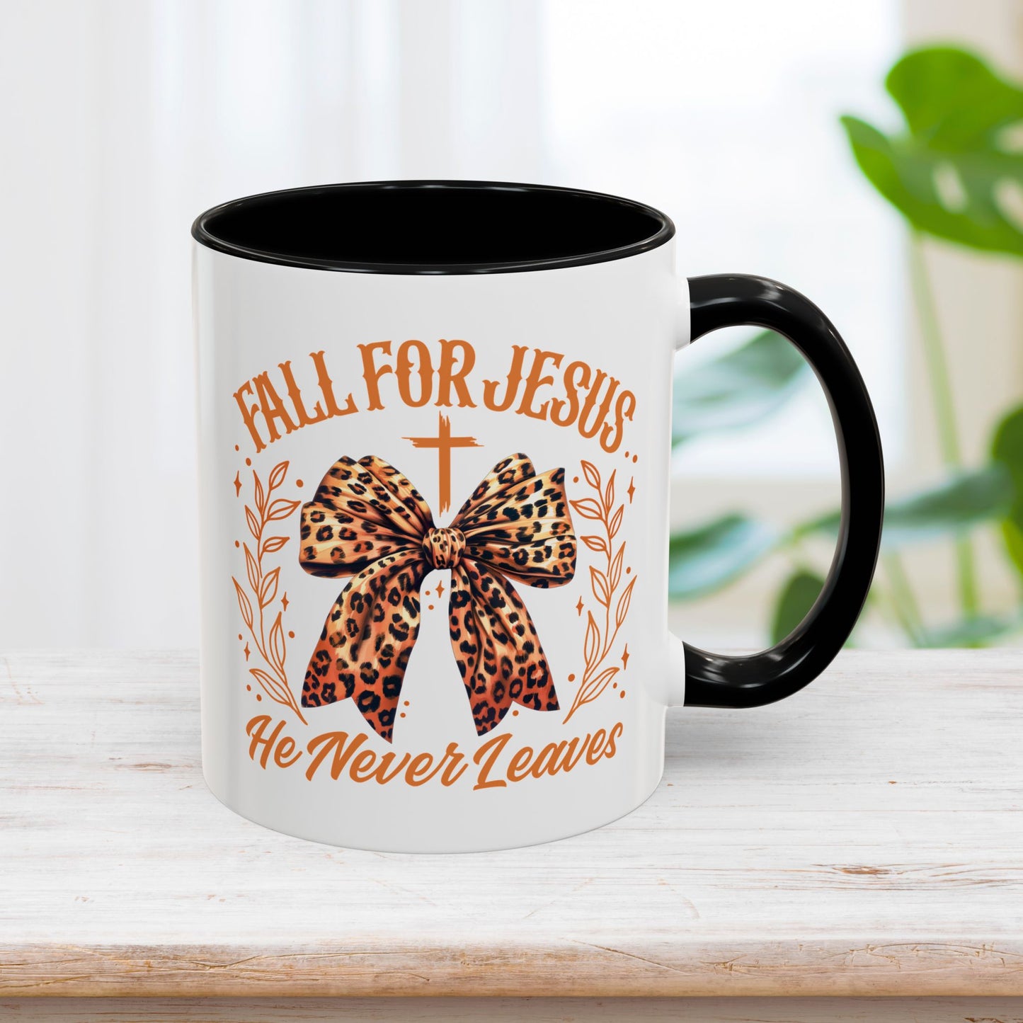 Fall For Jesus He Never Leaves Mug - Christian Coffee Mug