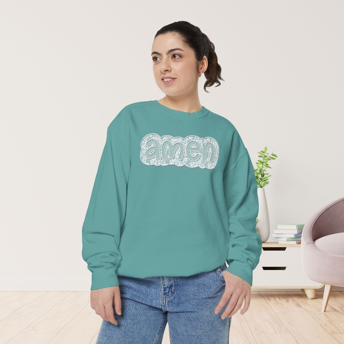 Amen Comfort Colors Sweatshirt - Printed Lace Design