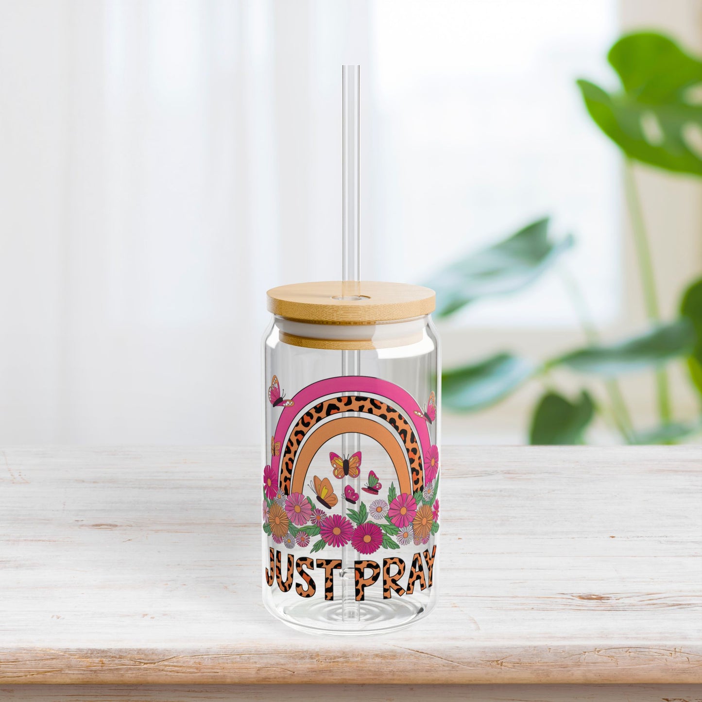 Just Pray Sipper Glass with Bamboo Lid & Straw - 16 oz