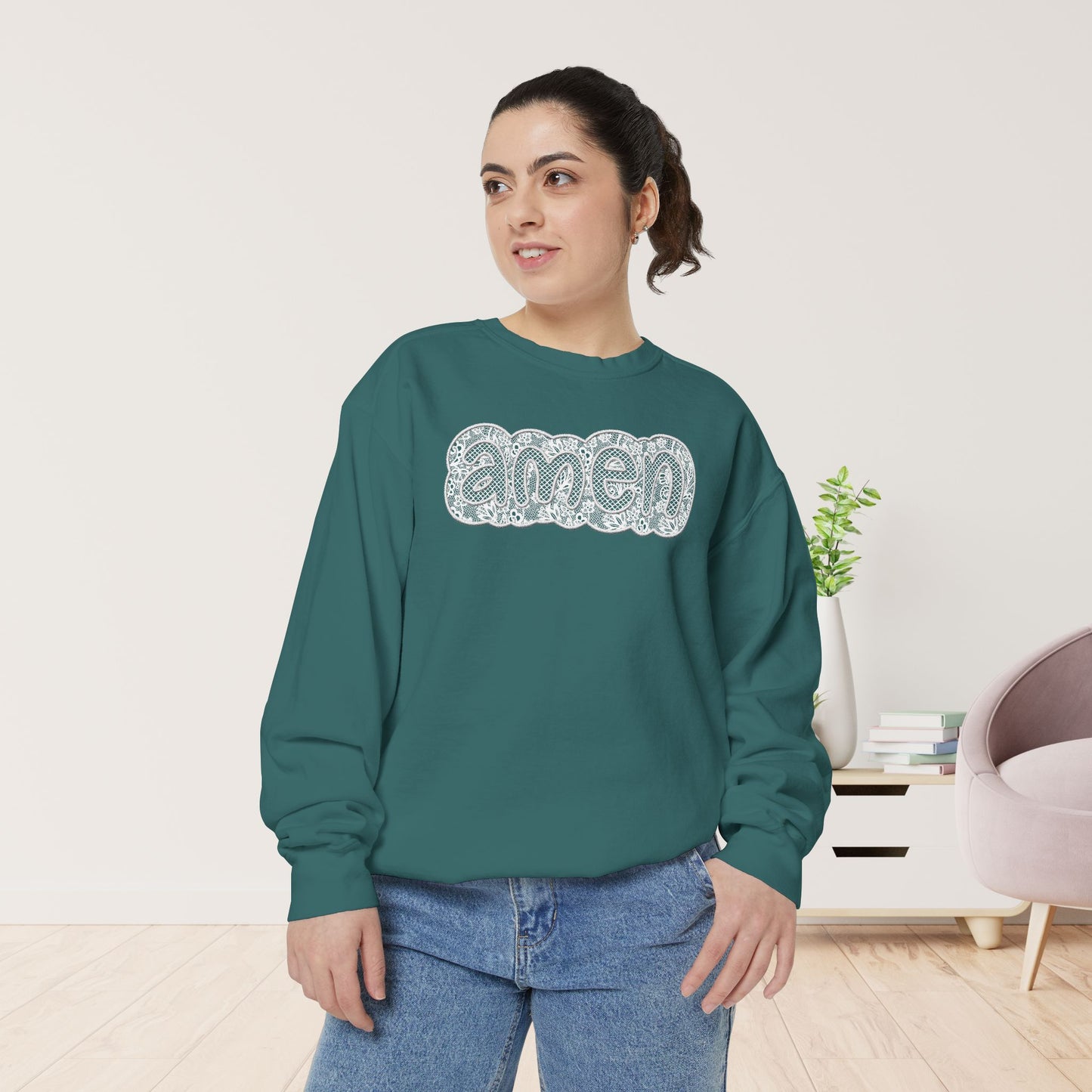 Amen Comfort Colors Sweatshirt - Printed Lace Design