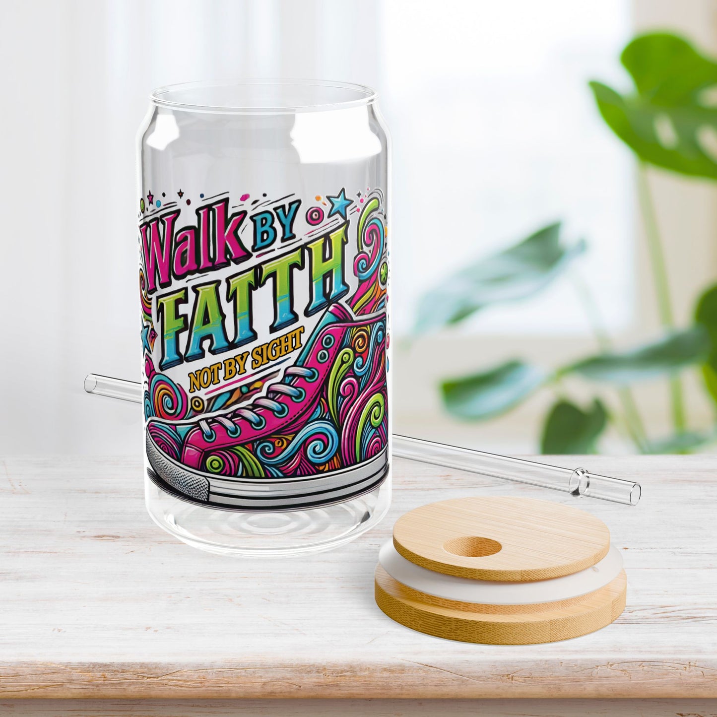 Walk By Faith Not by Sight Sipper Glass with Bamboo Lid & Straw - 16 oz
