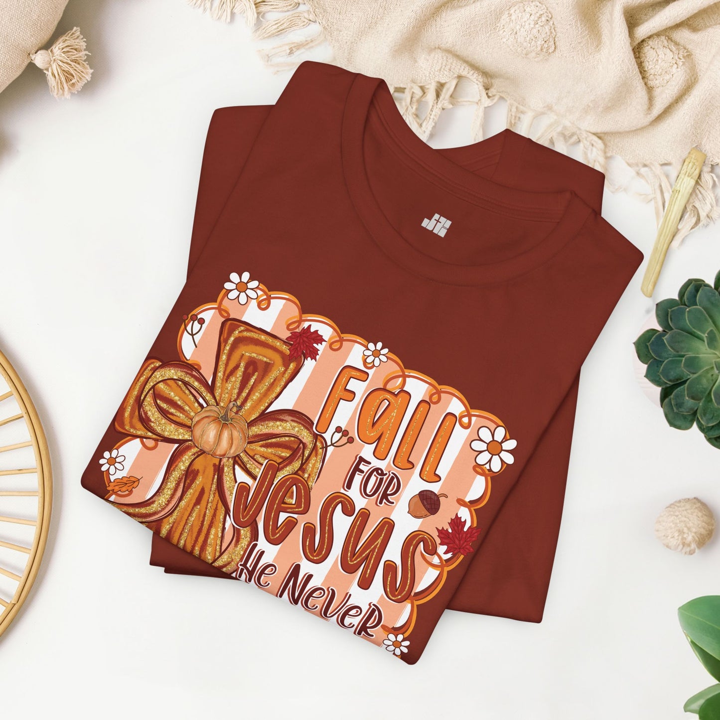 Fall for Jesus He Never Leaves Soft Cotton Tee - Fall Christian Tee